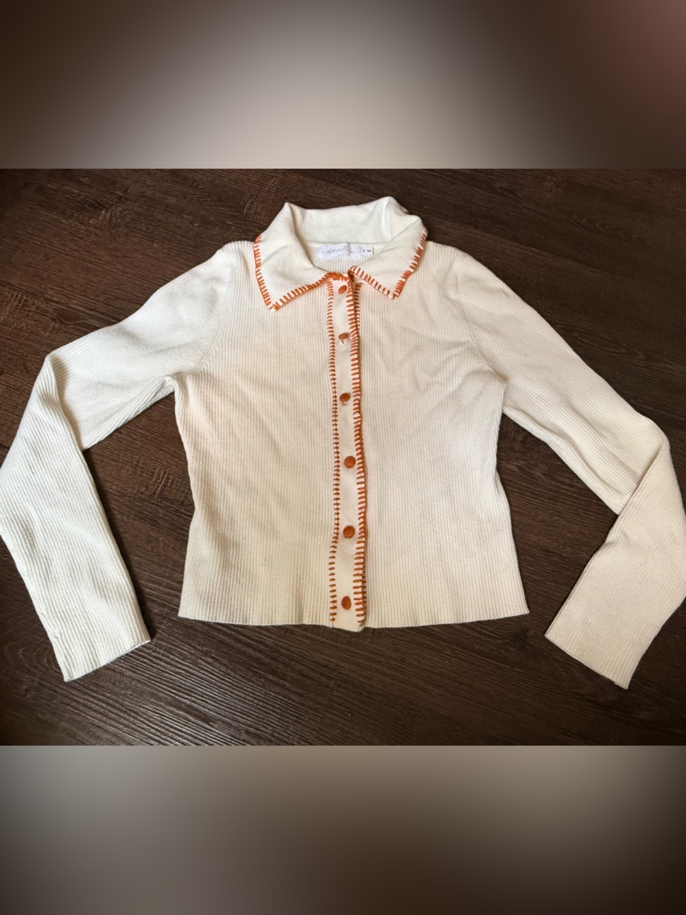 Cream Knit Cardigan with Orange Trim - Sz S